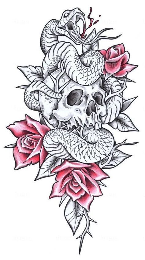 Really Detailed Tattoos, Snake And Skull Tattoo Feminine, Woman Head Tattoo, Red Snake Tattoo, Tiktok Drawings, Snake Pictures, Snakes Tattoo, Bushido Tattoo, Tattoo Homme