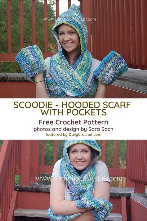 Crochet Hooded Scarf Pattern Free, Hooded Scarf With Pockets, Crochet Scarf Pattern Free Easy, Crochet Hooded Scarf Pattern, Hoodie Crochet, Scarf With Pockets, Hooded Scarf Pattern, Crochet Hooded Scarf, Crochet Outfits