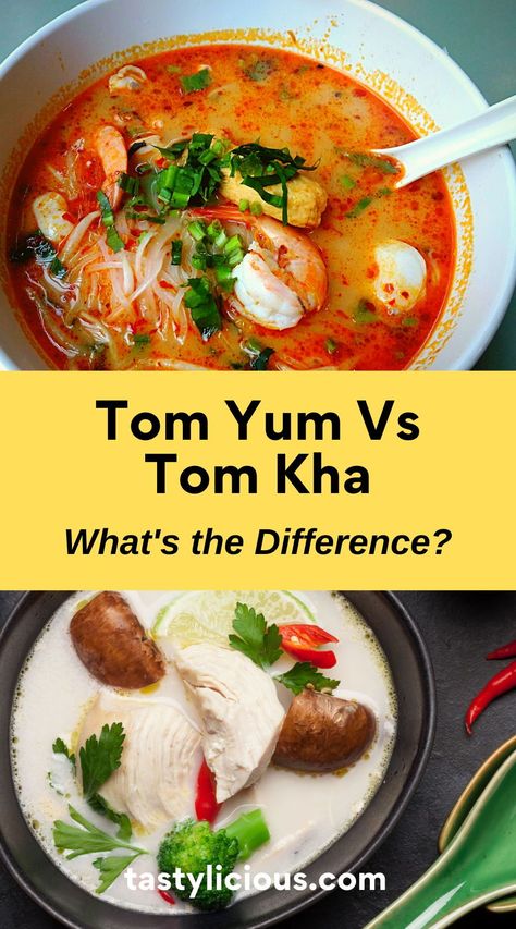 tom yum vs tom kha | tom yum vs tom kha soup | what's the difference between tom kha and tom yum | refreshing spring recipes | quick lunch recipes | dinner ideas | easy dinner recipe | healthy dinner recipe Tom Yum Soup Recipe Thai, Refreshing Spring Recipes, Spicy Soups, Thai Soups, Tom Yum Soup Recipe, Popular Thai Dishes, Tom Kha Soup, Recipe Healthy Dinner, Easy Korean Recipes