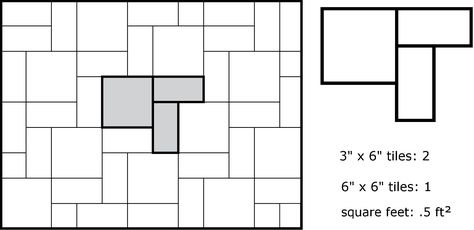 Illustration showing a pattern made up with two 3-inch by 6-inch tiles and one 6-inch by 6-inch tile Paver Stone Patio, Patio Blocks, Paver Patterns, Driveway Installation, Pavement Design, How To Install Pavers, Paving Pattern, Brick Pathway, Paving Ideas