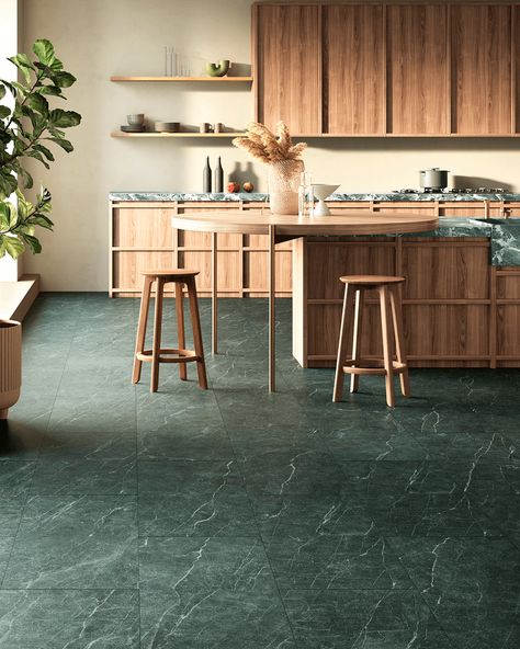 Luxury vinyl kitchen flooring | Moduleo Moduleo Flooring, Dark Green Tile, Split Level Kitchen, Vinyl Flooring Sheet, Vinyl Flooring Kitchen, York Stone, Vinyl Floor Covering, Sheet Vinyl Flooring, Green Floor