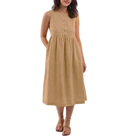 PRICES MAY VARY. Summer linen dresses are made of premium pure linen fabric, pre-shrunk, light-weight, and breathable. The woven linen dresses featuring a sleeveless, crew neck, slant pockets, solid color, below the knee length, button-front closure, relaxed fit. Button-front dresses great for beach, daily, school, party, shopping, dating, home, vacation, etc. These linen midi dresses can be worn backwards and forwards if you like. Machine washable in cold water, but we recommend hand washing. H Miss Honey, Home Vacation, Teacher Clothes, Linen Summer, Summer Linen Dresses, Linen Midi Dress, School Party, Summer Linen, Button Front Dress