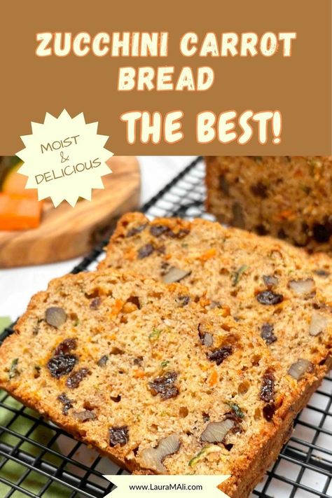 Zucchini bread sliced on a plate on the top and sitting on a cutting board on the bottom with the words zucchini carrot bread in the center Zucchini Carrot Bread, Carrot Zucchini Bread, Extra Zucchini, Carrot Bread Recipe, Carrot Loaf, Spiced Zucchini, Zucchini Carrot, Best Zucchini, Carrot Bread