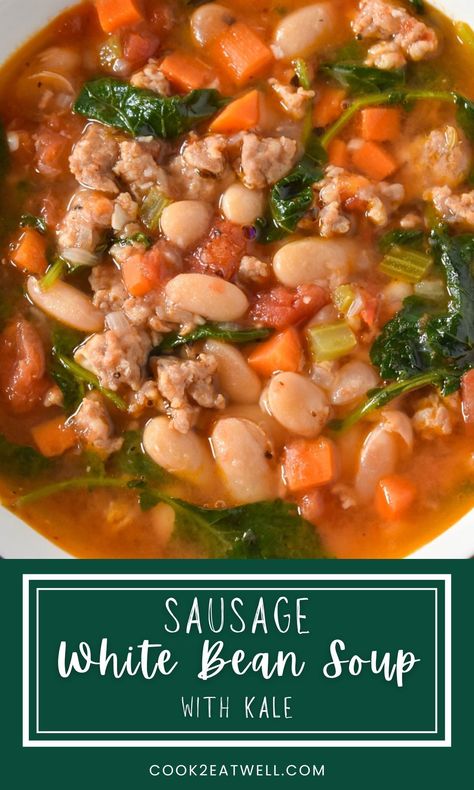 This sausage, white bean and kale soup is loaded with vegetables, including onions, carrots, celery and tomatoes. It gets a ton of flavor from the Italian sausage and the creamy cannellini beans. Sausage White Bean Soup, White Bean Sausage Soup, Sausage And White Bean Soup, Sausage White Bean, White Bean And Kale Soup, Bean And Kale Soup, White Bean And Kale, Bean And Sausage Soup, White Bean Kale Soup