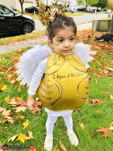 Natalia: My 2 year old daughter is wearing the Golden Snitch from Harry Potter. I used a fabric ball and then painted it gold (a few coats will do it), then... Harry Potter Baby Halloween Costume, Family Halloween Costumes Harry Potter, Diy Golden Snitch Costume, Harry Potter Family Costumes With Baby, Family Harry Potter Costumes With Baby, Harry Potter Family Halloween Costumes, Toddler Harry Potter Costume, Harry Potter Baby Costume, Golden Snitch Costume