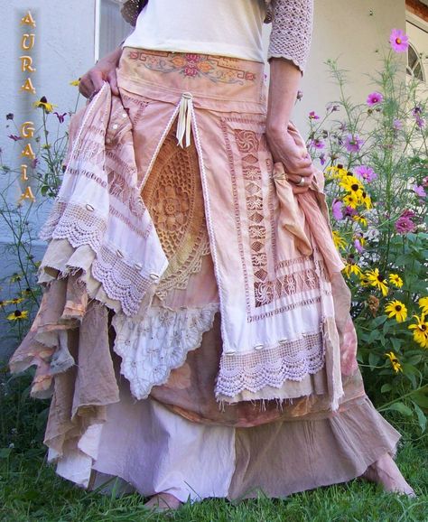 AuraGaia ~ Alluraiah ~ Bustleback Skirt Upcycled OverDyed Lace Linens Plus! fits 2-2X; overdyed in soft hues of salmon, peach, ecru, tan & some white and green and dusty rose...done in linen, cotton, rayon with a ricrac, doilies & vintage linens with ahmazing stitchery on them from embroidery to lace to openwork to counted cross stitch! 2 pockets. layered with under and over skirts plus. rear ruffs ♥. a tad of hand sewn ruching. beads. cowrie shells. love Romantic Skirts, Upcycled Sewing, Cupcake Skirt, Crocheted Dresses, Shabby Chic Clothes, Crochet Skirts, Repurposed Clothing, Bohemian Skirt, Crochet Inspo