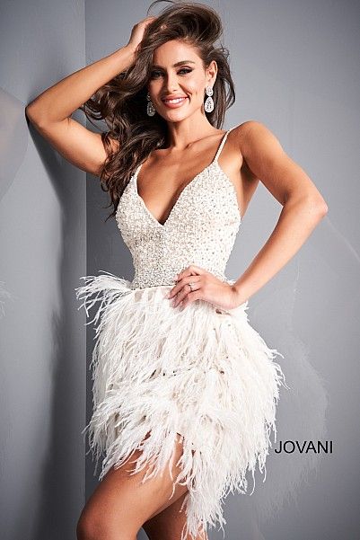 Jovani 04042 | Off White Beaded Feather Embellished Cocktail Dress Short Feather Dress, Senior Hoco, Gaun Koktail, Beaded Feather, Evening Mini Dresses, Feather Skirt, Vegas Elopement, White Homecoming Dresses, Hoco Dress