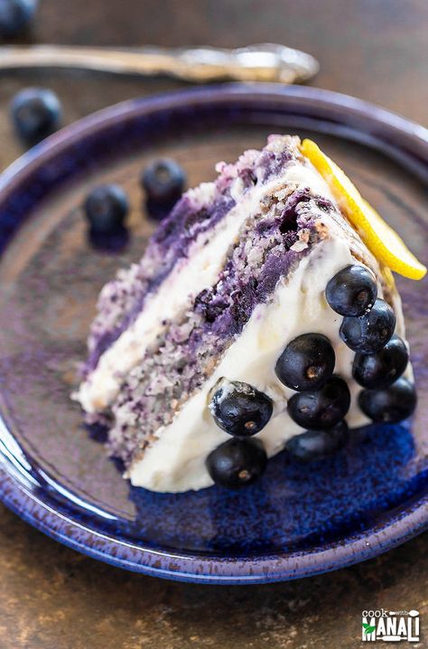 Eggless Blueberry Lemon Cake - Cook With Manali Blueberry Yogurt Cake, Eggless Cake Recipes, Blueberry Lemon Cake Recipe, Blueberry Cake Filling, Chocolate Chip Cake Recipe, Blueberry Cake Mix, Blueberry Yogurt, Lemon Cream Cheese Frosting, Blueberry Cake Recipes