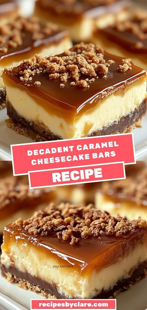 Indulge in the rich, creamy flavors of Caramel Cheesecake Bars. These bars feature a velvety cheesecake layer on a crunchy graham cracker crust, topped with smooth caramel sauce and a hint of sea salt. Perfect for any occasion, these bars are sure to satisfy your sweet tooth. Ingredients: 1/2 cup melted butter 2 (8 oz) packages cream cheese, softened 1 tsp vanilla extract 1/4 cup sea salt (optional) Caramel Cheesecake Bars, Graham Cracker Dessert, Cheesecake Bars Easy, Salted Caramel Bars, Cheesecake Layer, Cream Cheese Bars, Yummy Cheesecake, Cheesecake Bar Recipes, Chocolate Chip Cheesecake