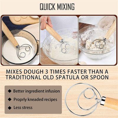 EASY TO CLEAN:So much easier to clean than a traditional whisk, regular wooden spoon, and more. It is so simple to clean the mixer with just a small amount or warm soapy water and a quick spritz of hot water to rinse it and it is ready to go for it's next mixing job! | Sensible Danish Dough Whisk, 2 Pack Upgraded Dough Scraper & Stainless Steel Dough Whisk w / Wooden Handle Bread Making Tools Set For Kitchen Bread Bread Making Tools, Dough Whisk, Best Cooking Utensils, Danish Dough, Dough Scraper, Bread Making, Cooking Guide, Wooden Spoon, Making Tools