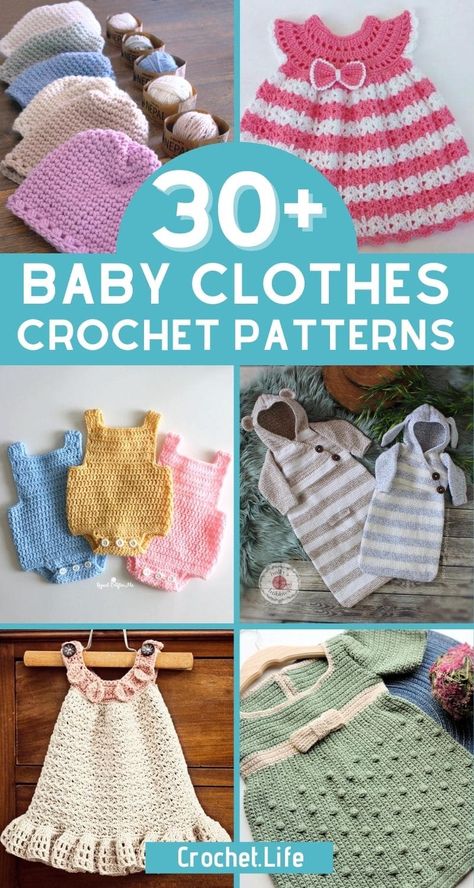 Precious crochet baby clothes patterns are ideal for gifting to new parents! These easy to make crochet baby patterns are adorable! This list includes crochet baby sweaters, crochet baby rompers, crochet baby pants, crochet baby dresses, crochet baby booties, crochet baby hats, and more! Baby Clothes Crochet, Crochet Patterns For Babies, Sweaters Crochet, Baby Cardigan Pattern Crochet, Pants Crochet, Crochet Baby Pants, Dresses Crochet, Crochet Baby Jacket, Newborn Crochet Patterns