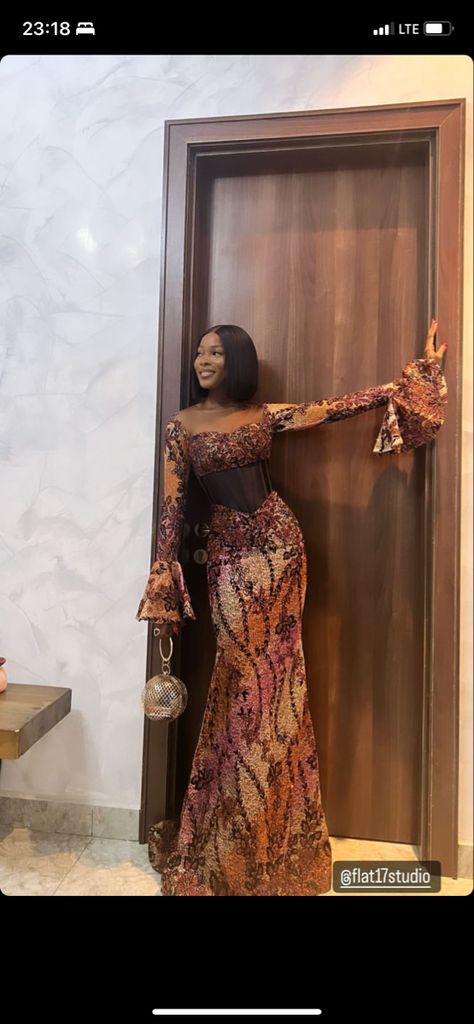 Chocolate Brown Lace Asoebi, Modest Nigerian Dress, Nigerian Owambe Lace Styles, Brown Ankara Dress Styles, Creative Outfits Black Women, Coffee Brown Lace Asoebi Styles, Ankara Long Gown Styles For Slim Ladies, Owanbe Styles For Ankara, Nigerian Outfits For Women