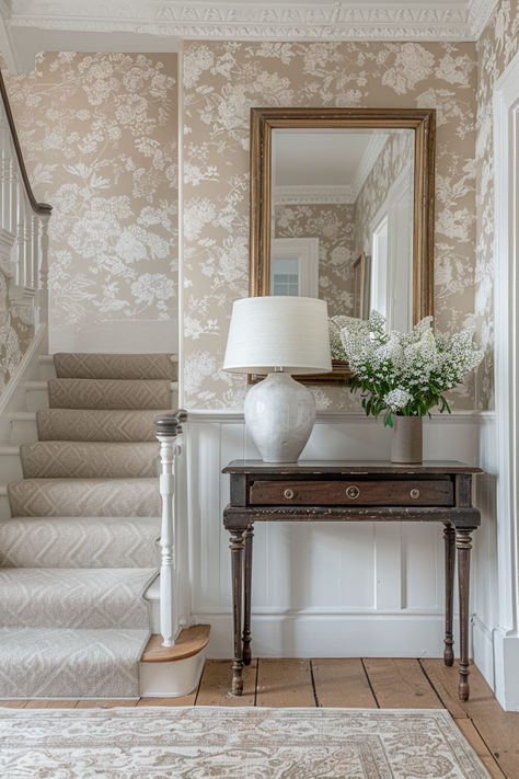 grandmillenial decor, grandmillenial entryway, staircase ideas, staircase inspo, grandmillenial home decor Wallpaper And Wainscoting Foyer, Vintage Wallpaper Entryway, Wallpaper In Bookshelves, Small Hall Stairs And Landing Decor, White Wainscoting Living Room, Wallpaper For Office Wall, Wallpaper In Hallway, Stairs And Landing Decor, Stairway Wallpaper