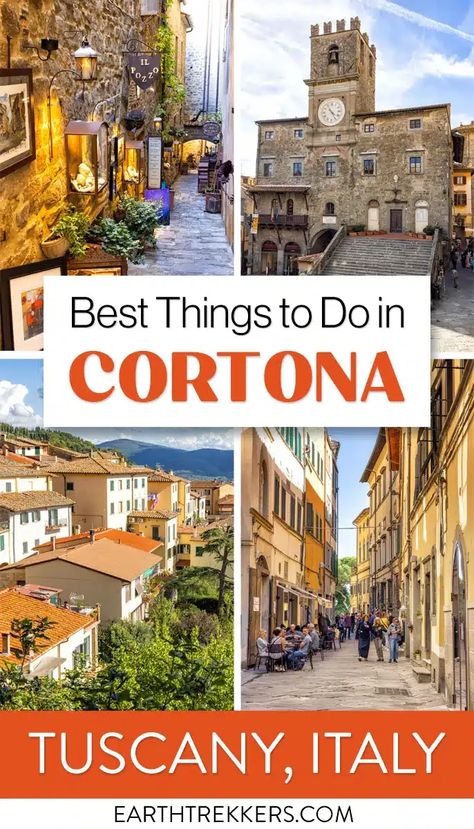 Best things to do in Cortona, Tuscany, Italy. This town was made famous by the movie Under the Tuscan Sun. It can be added on to a visit with Montepulciano, Pienza, Arezzo, or Assisi. Earth Trekkers, Cortona Tuscany, Cortona Italy, 10 Days In Italy, Italy Trip Planning, Portugal Trip, Italy 2023, Florence Italy Travel, Tuscan Towns