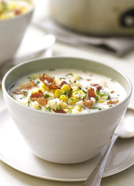 This creamy, hearty soup is packed with sweetcorn, potato and crisp bacon. It's made with milk rather than cream so it's also surprisingly low-cal. A quick warming supper for two. Sweetcorn Bake, Sweetcorn Chowder, Warming Recipes, Flavored Coffee Recipes, Fall Coffee Recipes, Chicken And Sweetcorn Soup, Sweet Corn Cakes, Coffee Recipes Hot, Corn Chowder Recipe