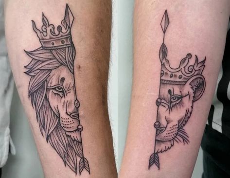 King Queen Lion Tattoo, King And Queen Lion Tattoo, Lion King And Queen Tattoo, Lioness Queen Tattoo, Couple Tattoos Lion And Lioness, Lion Queen Tattoo For Women, King And Queen Chess Piece Tattoo, King And Queen Tattoo, Husband Wife Tattoos