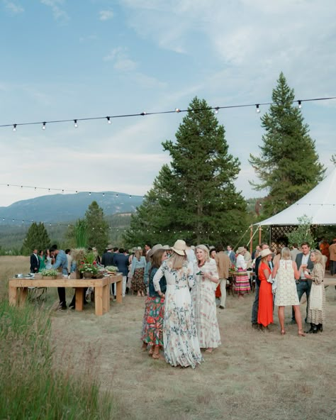 Outdoor luxury western welcome party in Montana Ranch Rehearsal Dinner, Western Garden Party, Chic Western Wedding, Western Welcome Party, Black Tie Western Wedding, Western Chic Party, Western Cocktail Attire, Mountain Formal, Cowgirl Cocktail