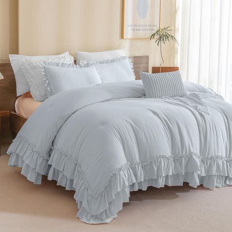 PRICES MAY VARY. 【Ultra Soft Material】Masaca vintage farmhouse bedding comforter king size is with latest stone washed process craft,ultra softer touch feeling than other similar items.Comfy and fluffy for all seasons. 【Farmhouse Ruffle Style】Masaca cornflower blue ruffle ruffled king bedding comforter set is with 2-layer HANDMADE ruffle hems and solid light blue color,this farmhouse shabby boho chic king bed set will help you build a french style house that full of vintage farmhouse looking. 【E Comforter King Size, Navy Blue Bedding Farmhouse, White And Blue Comforter Bedroom, Coastal Shabby Chic Bedroom, Cute Beds Frames, Blue And White Toile Bedroom, Southern Bedding Sets, Silky Ruffle Bedding Set, Blue Ruffle Bedding