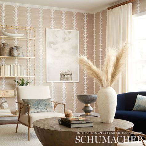 Creeping Fern - Moss Fabrics | Schumacher Acanthus Stripe Wallpaper, Sisal Wallpaper, Clean Living Rooms, Wall Paper Ideas, Inspo Wallpaper, Whimsical Wallpaper, Ladies Lounge, Schumacher Wallpaper, Wallpaper Prints