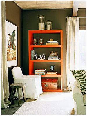 Pop of orange with this painted shelving. Orange Bookshelves, Orange Shelves, Dark Brown Walls, Nyc Rooms, Red Shelves, Autumn Interior, Ikea Lack, Bookcase Styling, Ikea Shelves