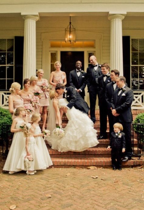 this would work well coming out of the church if it has stairs Groomsmen Poses, Wedding Parties Pictures, Photos Poses, Bridal Party Photos, Party Pictures, Wedding Party Photos, Wedding Engagement Photos, Wedding Photography Poses, Photo Couple