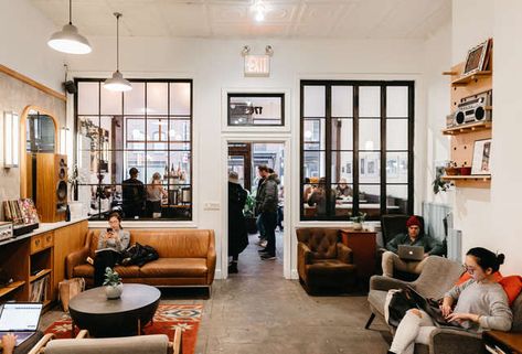 Best Coffee Shops to Work in NYC: Where to Study, Work From Home & More - Thrillist Brooklyn Coffee Shop, Where To Study, Nyc Coffee Shop, Cafe Nyc, Aesthetic Coffee Shop, Nyc Coffee, New York Coffee, Work Cafe, Lake House Interior