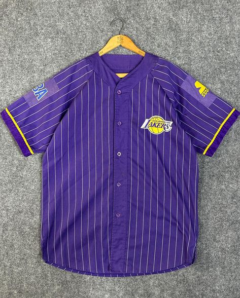 Vintage Starter NBA Los Angeles Lakers purple and yellow striped button up basketball jersey, made in Macau. Size large. Purple And Yellow, Yellow Stripes, North Star, Basketball Jersey, Los Angeles Lakers, Macau, Nba, Button Up, Basketball