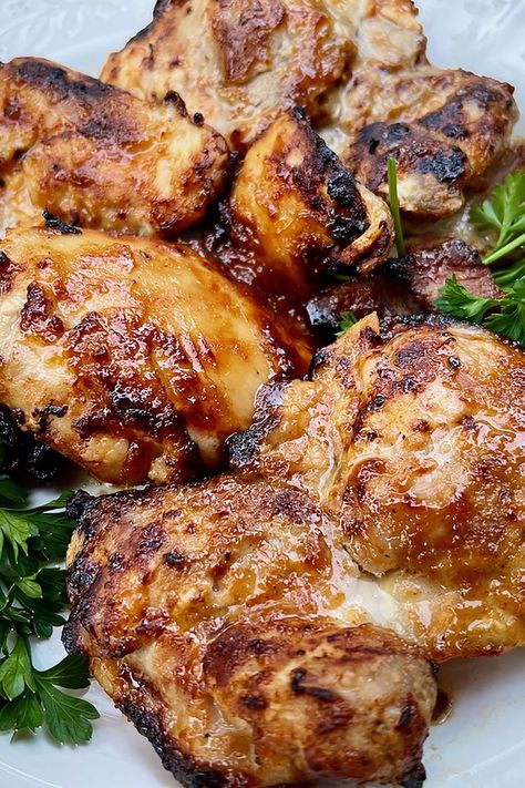 Air Fryer Honey-Mustard Chicken Thighs Airfryer Chicken Thighs, Air Fryer Honey Mustard Chicken, Fried Chicken Thighs Boneless, Simple Chicken Recipes, Honey Mustard Sauce Recipe, Mustard Chicken Breast, Maple Mustard Chicken, Honey Mustard Chicken Thighs, Honey Dijon Chicken