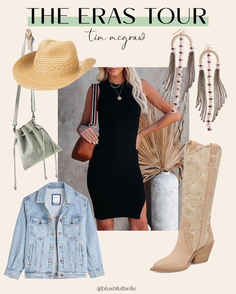 This eras tour outfit is inspired by the Debut era 💚 and Tim McGraw! Little black dress, denim jacket, country outfit, country music, country concert, concert outfit Taylor Swift Concert Outfit Ideas, Tim Mcgraw Concert, Country Concert Outfit Ideas, Eras Tour Outfit, Concert Outfit Ideas, Country Concert Outfit, Tim Mcgraw, Country Concert, Country Concerts