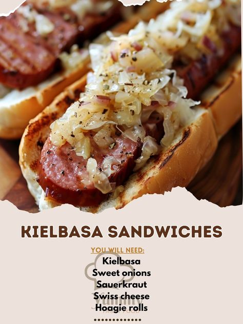 🌭 Kielbasa Sandwiches with Grilled Sweet Onions, Sauerkraut, Melted Cheese, and Mustard Jalapeño Spread #GourmetSandwich Kielbasa Sandwiches Ingredients: Kielbasa, sliced (1 lb) Sweet onions, sliced (1 cup) Sauerkraut (1 cup) Swiss cheese, slices (4) Hoagie rolls (4) Mustard Jalapeño spread (1/2 cup) Instructions: Grill kielbasa and onions. Assemble on rolls with sauerkraut, cheese, and spread. Broil until cheese melts. 🌭🧀 Elevate your sandwich game with our Kielbasa Sandwiches, stacked w... Kielbasa Sandwiches, Keilbasa And Sauerkraut, Grilled Kielbasa, Sauerkraut Sandwich, Grilled Sandwiches, Sweet Onions, Hoagie Rolls, Gourmet Sandwiches, Sandwich Ingredients