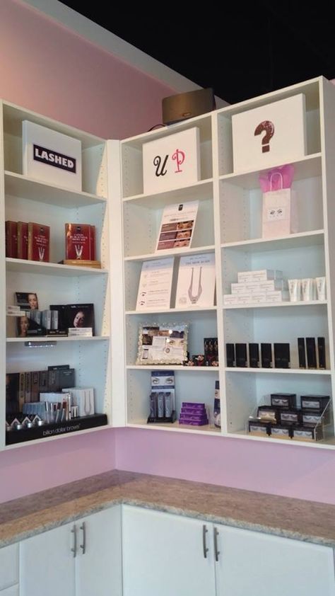 Product shelf at our Lash Studio!  #LashUpYEG Glam Bar, Product Shelf, Lash Studio, Studio Ideas, Bad Girl, Shelving Unit, Bookcase, Lashes, Shelves