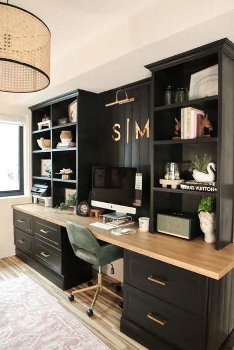 Office Built In Cabinets And Desk, Office Built In Cabinets, Built In Desk And Shelves, Black And White Office, Office Built Ins, Office Remodel, White Office, Black Office, Stylish Office