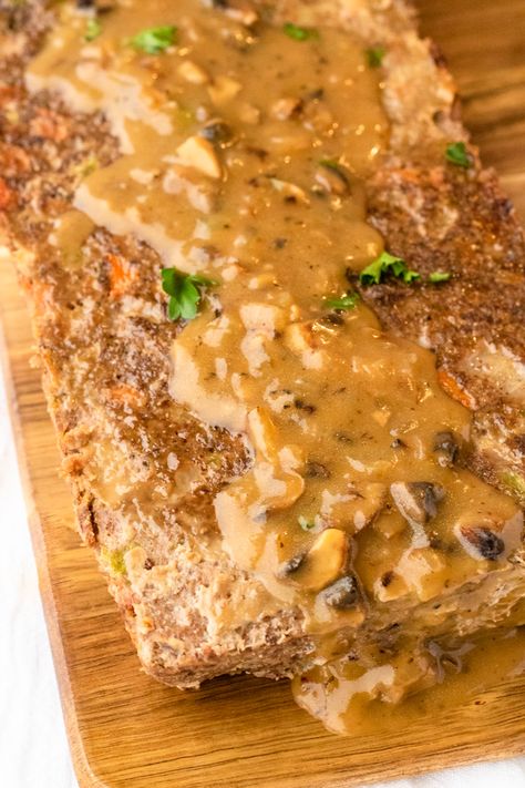 Meatloaf With Onion Gravy, Beef Turkey Meatloaf, Turkey Meatloaf With Mushrooms, Turkey Meatloaf With Gravy, Turkey Loaf Recipe Easy Meatloaf, Turkey Meatloaf With Brown Gravy, Mushroom Turkey Meatloaf, Savory Meatloaf With Gravy, Meatloaf With Onion Soup Mix Lipton Ground Turkey