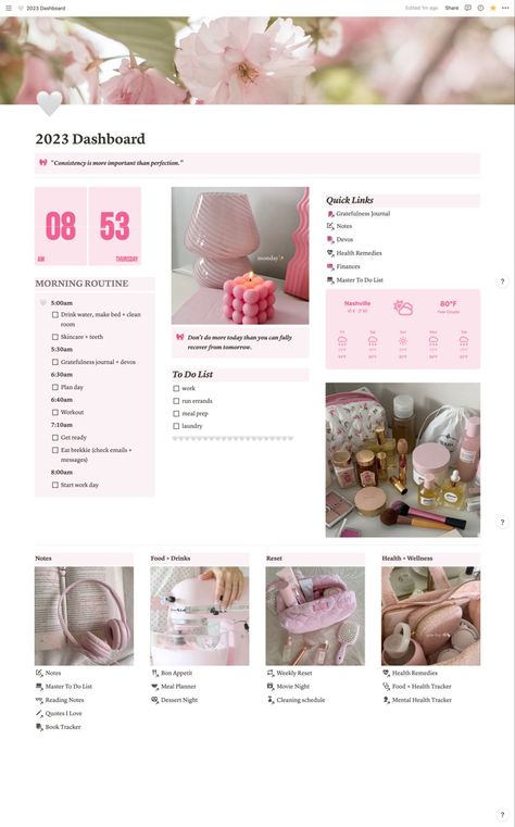 Pink Notion, Studie Hacks, Notion Dashboard, Dashboard Template, Planner Organiser, Notion Template, Aesthetic Template, Business Planner, Trik Fotografi