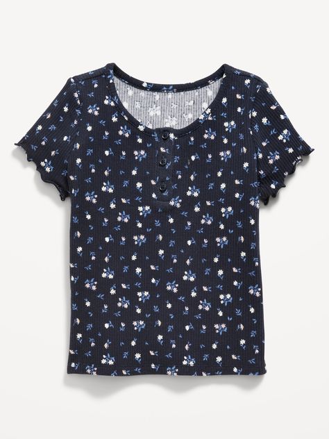 crew neck short sleeves lettuce edge cuffs three-button henley placket all-over print semi fitted hits at waist Kids Clothes Girls, Old Navy Kids, Henley T Shirt, Old Navy Shorts, Grad Party, Grad Parties, Navy Floral, Print Pattern, Costume Design