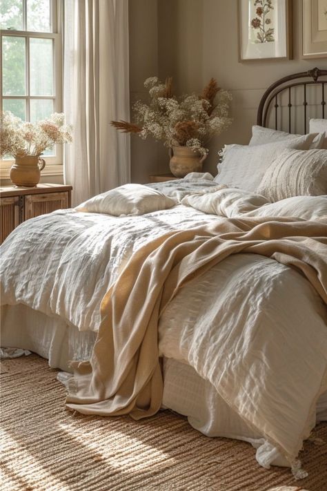 Bedroom inspo Taupe And White Bedroom, Earth Tone Bedroom, Homes Farmhouse, Bedroom Revamp, Bungalow Decor, 2024 Bedroom, Neutral Bedroom Decor, Earthy Bedroom, Bedroom Redo