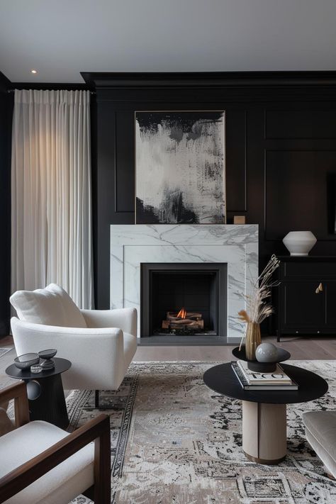 37 Dramatic Dark and Moody Living Room Ideas to Try Moody Living Rooms, Moody Lounge, Dark And Moody Living Room, Moody Living Room Ideas, White Painted Fireplace, Moody Interior Design, Moody Living Room, Dark Living Rooms, Black Fireplace