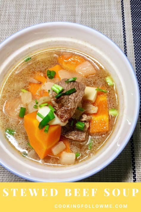 This classic stewed beef soup is the ideal project for a chilly weekend. Beef, onion, carrots, and multifarious come together in cozy harmony.   If you are going to surprise your family with a classic Chinese food soup, this stewed beef soup is just perfect!   The stewed beef soup is very suitable for autumn and winter season. Chinese Beef Soup, Collagen Soup, Beef Stew Soup, Stewed Beef, Chinese Beef, Cantonese Food, Beef Soup Recipes, Food Soup, Mapo Tofu