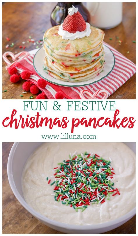 Adorable Christmas Pancakes filled with red and green sprinkles are perfect for Christmas morning and easy enough for the kids to help too! #christmaspancakes #pancakerecipe #holidaypancakes #pancakes #christmasbreakfast #sprinkles #kidfriendly Christmas Pancake Recipe, Kids Christmas Pancakes, Easy Christmas Pancakes, Christmas Morning Kids Breakfast, Christmas Pancake Breakfast, Fun Christmas Morning Breakfast, Christmas Food To Make With Kids, Christmas Morning With Kids, Christmas Breakfast Ideas Pancakes