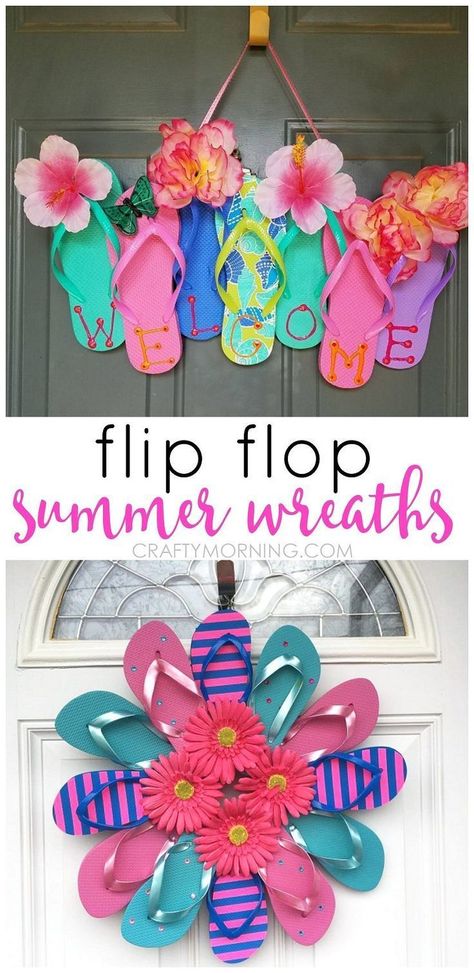 Summer Flip Flop Wreath, Flip Flop Wreaths, Diy Summer Crafts, Diy Crafts For Teens, Cheap Crafts, Birthday Crafts, Summer Wreaths, Dollar Tree Diy Crafts, Diy Dollar Store Crafts