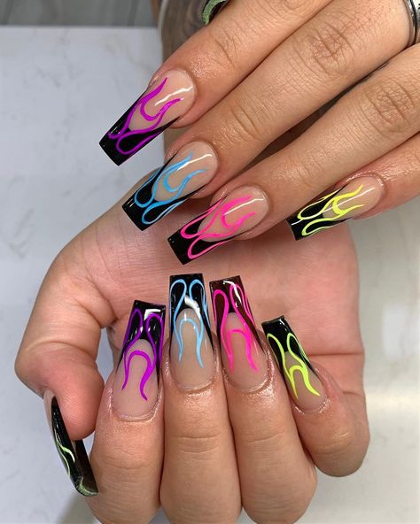 Neon flames 🔥 • • ❥ nails by T #flamenails #neonflames #blacknailtech #firenails #nailsofinstagram #nails2inspire #nailsonpoint #neon… Flames Nails, Neon Flames, Rave Nails, Flame Nails, Concert Nails, Flame Nail Art, The Audacity, Hippie Nails, Gel Nails Diy