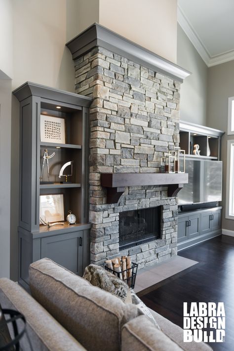 Labra Design+Build | LW Fireplace Wall Unbalanced Fireplace Wall, Asymmetrical Fireplace Wall With Tv, Fireplace Not Centered On Wall, Fireplace With Hearth And Mantle, Fireplace With Cabinets, Off Center Fireplace, Tennessee Living, Fireplace Feature, Stone Fireplace Wall