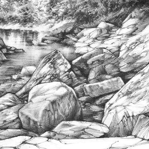 Sketches Landscape, Pencil Landscape, Landscape Simple, Pencil Sketches Landscape, Drawing Rocks, Landscape Pencil Drawings, Landscape Sketch, Water Drawing, Peace Art