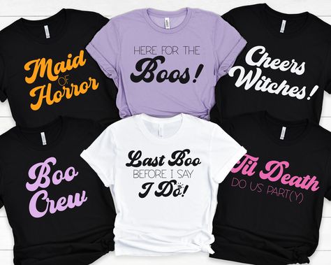 Time to say I Boo with your Boo Crew! Having you bachelorette party this October? Celebrate in style! These tees will have all of you looking scary cute. Custom Text Tees: Please message us to set up a custom text order. NO RETURNS OR EXCHANGES ON SHIRTS/CLOTHING ITEMS SIZING Please reference our sizing chart in the photos to ensure correct size selection. Size down on this one for a standard fit. Your average unisex size will run bigger to have room for side knotting and sleeve rolling. PLEASE Hocus Pocus Bachelorette Party, Haunted Bachelorette Party, Halloween Bridesmaids, Halloween Themed Bachelorette Party, Boochelorette Party, Salem Bachelorette, Fall Bachelorette Party, Spooky Bachelorette Party, Fall Bachelorette