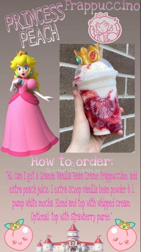 Princess Peach Starbucks Drink, Scream Starbucks Drink, Kirby Starbucks Drink, Starbucks Character Drinks, Sanrio Starbucks Drink Orders, I Try Your Drink Combos, Disney Starbucks Drinks, Starbucks Frappe Recipe, Starbucks Halloween Drinks