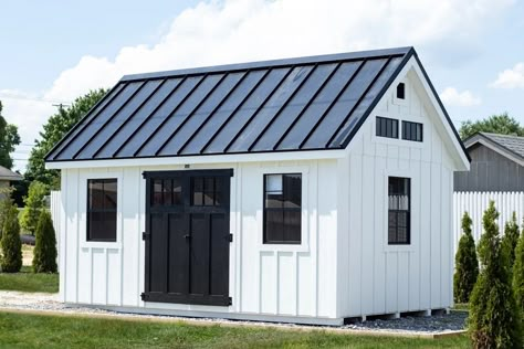 White Shed Black Trim, Tuff Shed Office, Black Doors White Trim, Shed With Overhang, Windows With Trim, Farmhouse She Shed, 10x16 Shed, T111 Siding, Houses Design Ideas