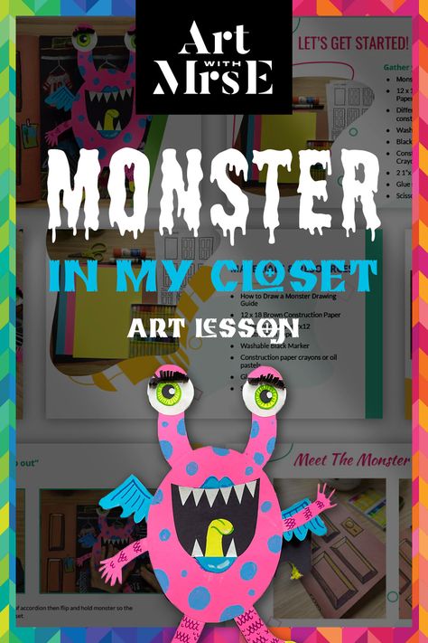 Image of a cute monster created from construction paper, oil pastels or construction paper crayons, and glue using the There's a Monster in My Closet art lesson. Visual Thinking Strategies, Construction Paper Art, Make A Monster, Lesson Plan Organization, Holiday Art Projects, Closet Art, Thinking Strategies, Maurice Sendak, Back To School Art