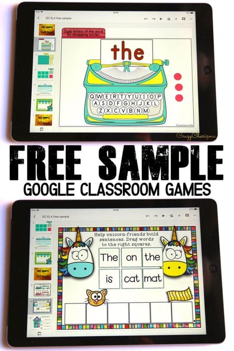 Google Classroom Games in Primary Grades | Free Activities to Try. Want to try Google Classroom in kindergarten or primary grades? Need to practice sight words and phonics? Download a free sample of ELA Games and Centers. Try interactive games on iPads, Chromebooks, tablets, laptops or the smart board! #crazycharizma #googleclassroom #googleclassroomkindergarten Free Sight Word Activities, Ela Games, Cvc Word Work, Smart Board Activities, Google Classroom Elementary, Classroom Kindergarten, Phonics Cvc, Cvc Words Kindergarten, Tech Tuesday