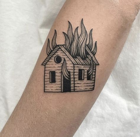 House Burning Tattoo, Traditional Cocktail Tattoo, American Traditional House Tattoo, House Fire Tattoo, Small Tattoos Arm Sleeve, Burning Building Tattoo, House On Fire Tattoo, Burning House Tattoo, Tree House Tattoo