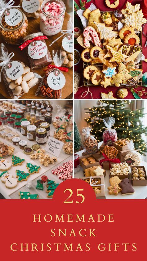 A cozy collage showcasing 25 homemade snack Christmas gifts. The image features jars of candies, decorated cookies, and festive treats on a table, with a decorated Christmas tree in the background. Perfect for holiday gifting ideas and festive baking inspiration. Savory Christmas Gift Ideas, Christmas Snack Bag Ideas, Treats For Coworkers Christmas, Simple Christmas Treats For Gifts, Holiday Snack Gifts, Christmas Food Gifts Savory, Snack Gifts For Christmas, Christmas Snack Gifts Homemade, Christmas Snacks To Give As Gifts